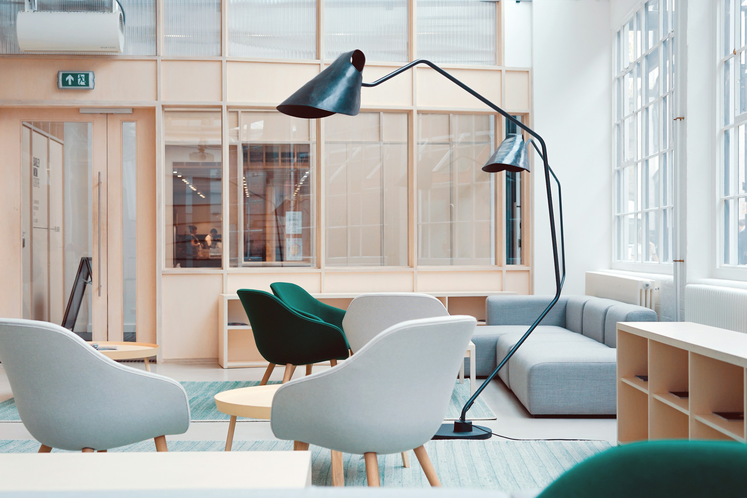 A calm, modern interior furnished in neutral tones