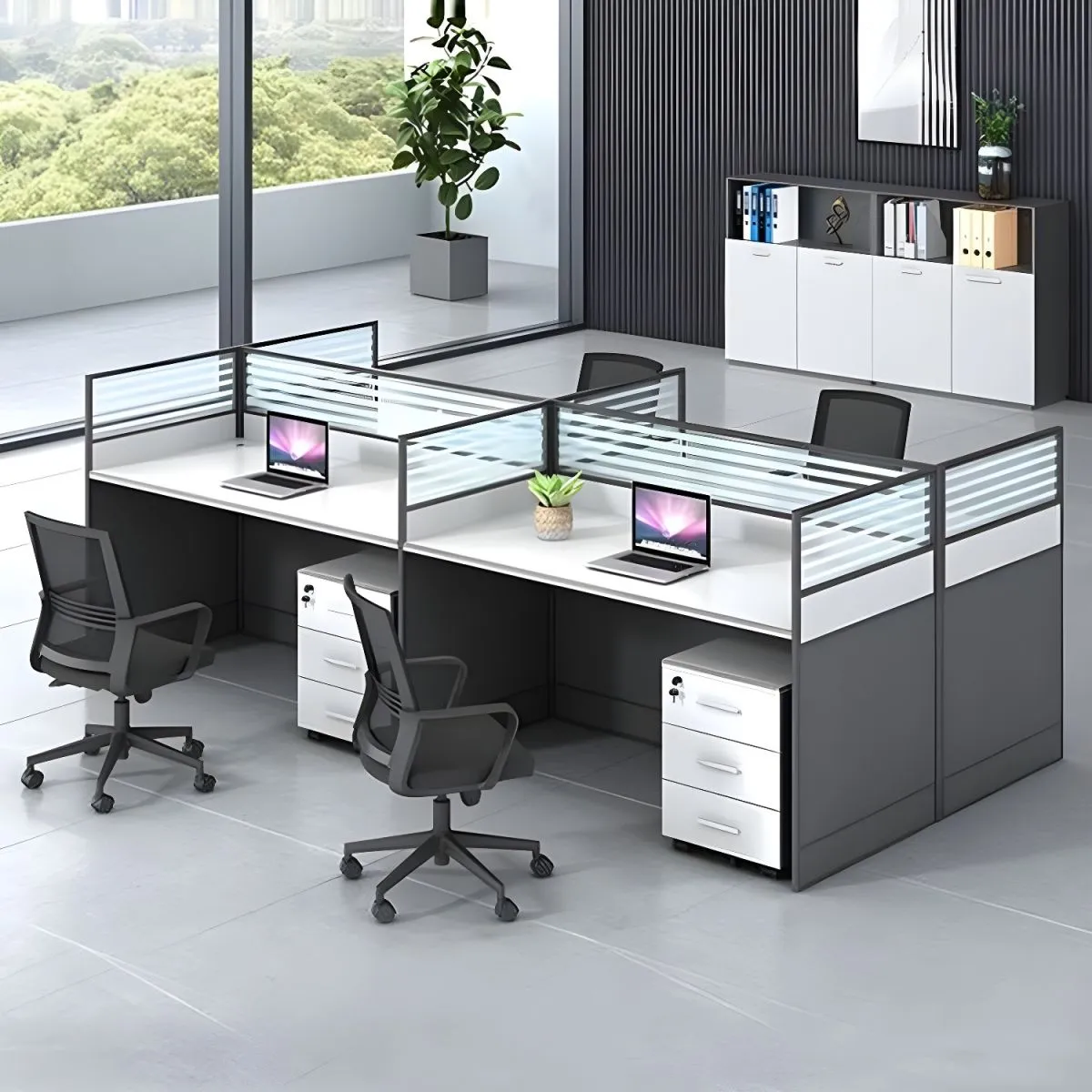 4-Way White Office Workstation view 3